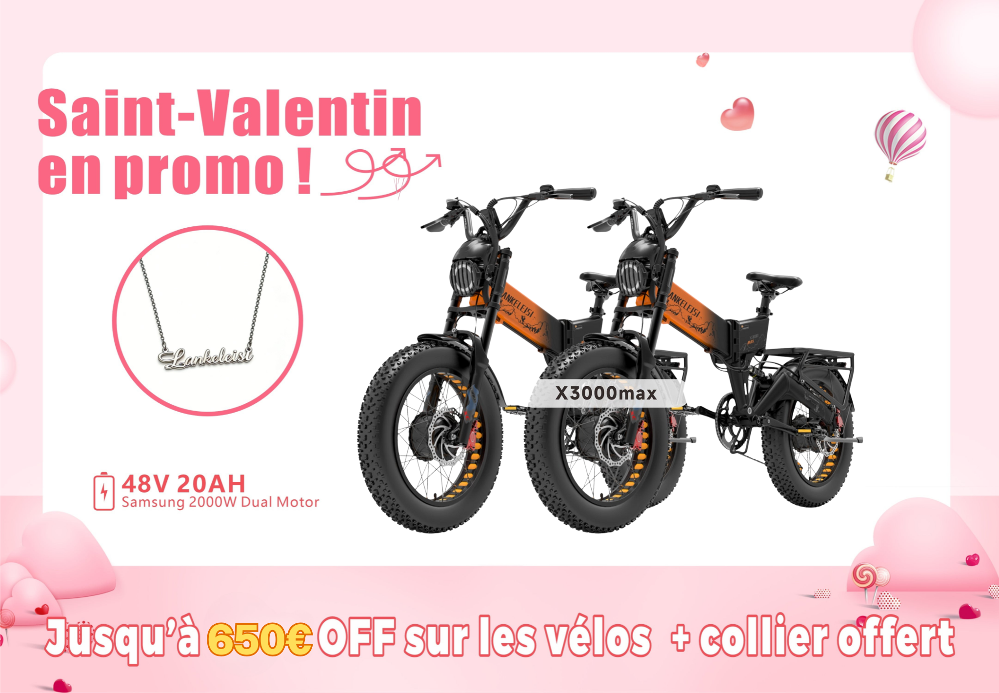 LANKELEISI X3000 MAX 2000W Vélo électrique à double moteur(Pack 2 vélos)