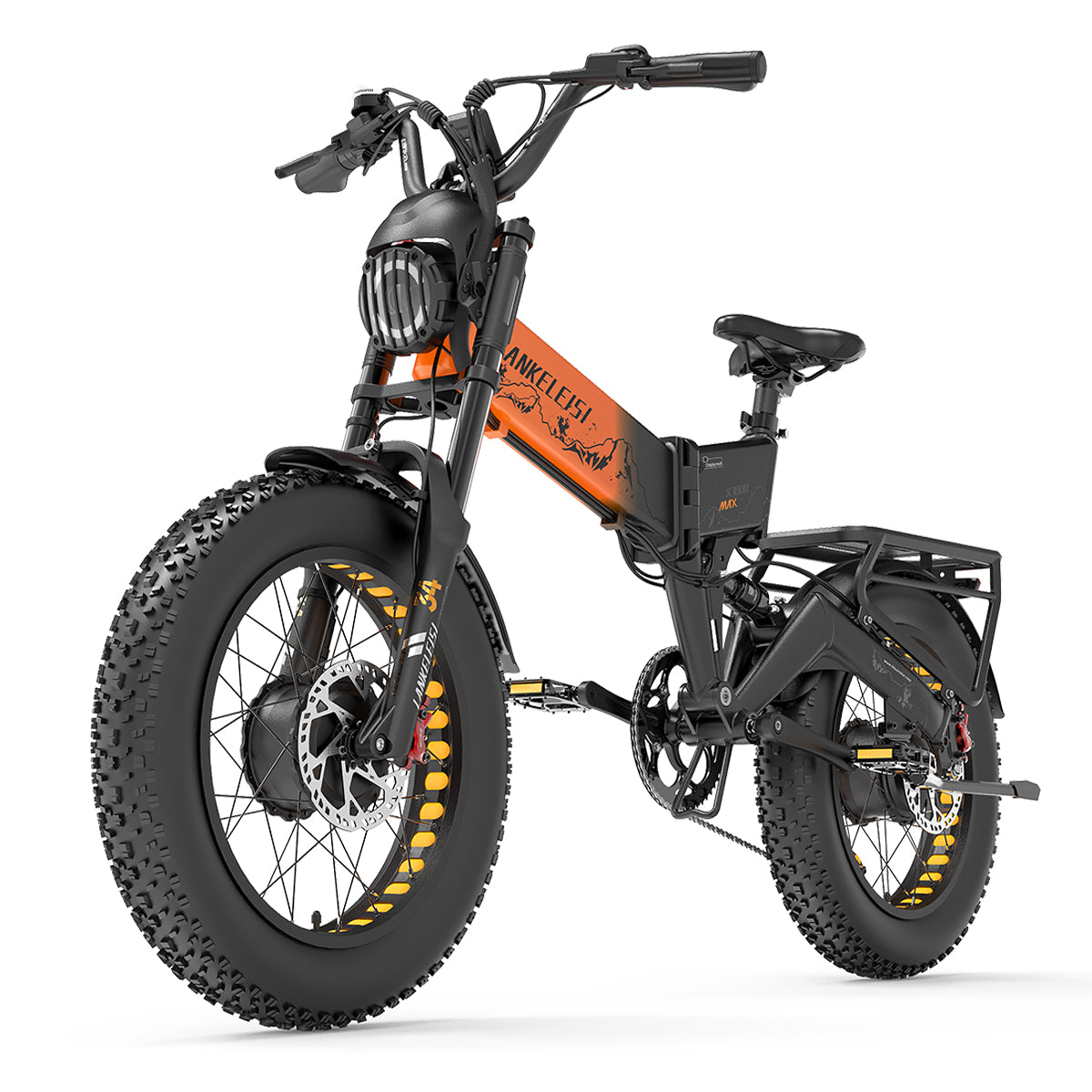 Lankeleisi X3000 Max 2000W Vélo de montagne électrique pliable à moteur double (Nouvelle mise à niveau) Vélo électrique orange.